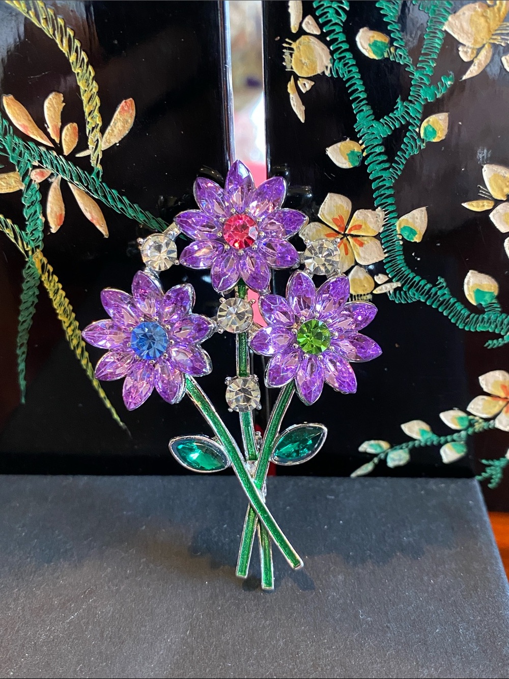 Purple Crystal Floral Bouquet Brooch with Green Enamel Stems -